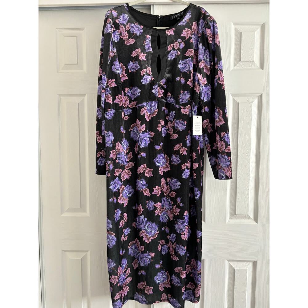 ELOQUII Velvet Plus Size 24 Midi Dress Floral Black Purple New